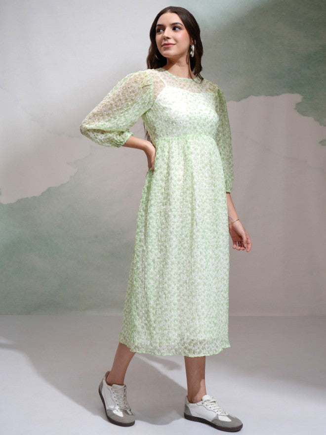 Tokyo Talkies Women Green Self Design Fit and Flare Dress - Green - Image 5