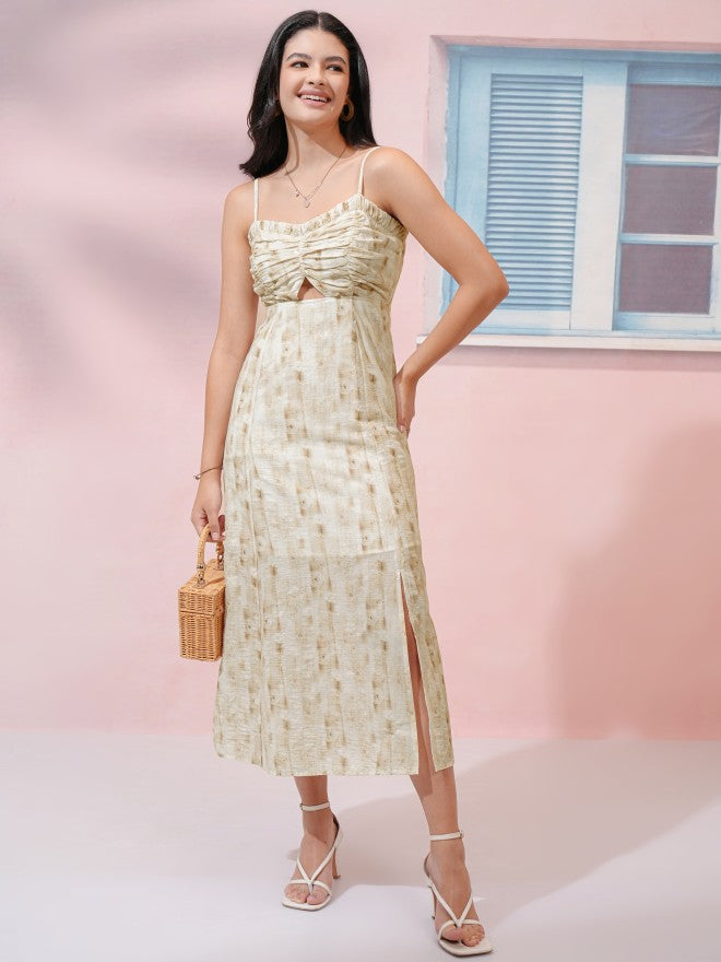 Tokyo Talkies Women Beige Self Design Maxi Dress - Beige - Image 1