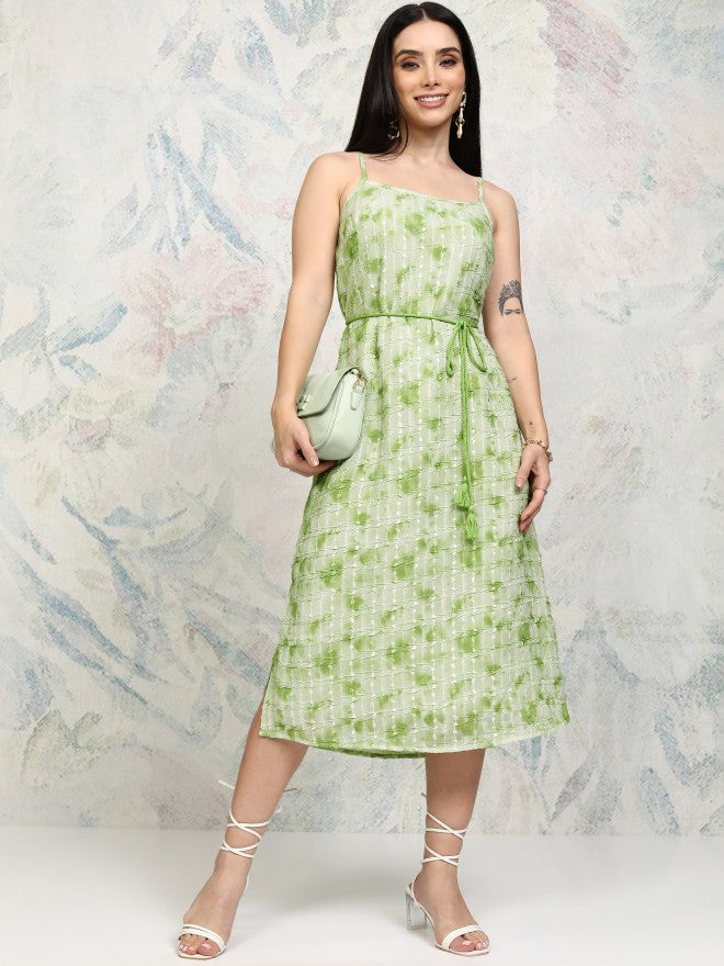 Tokyo Talkies Women Green Embroidered Fit and Flare Dress - Green - Image 2