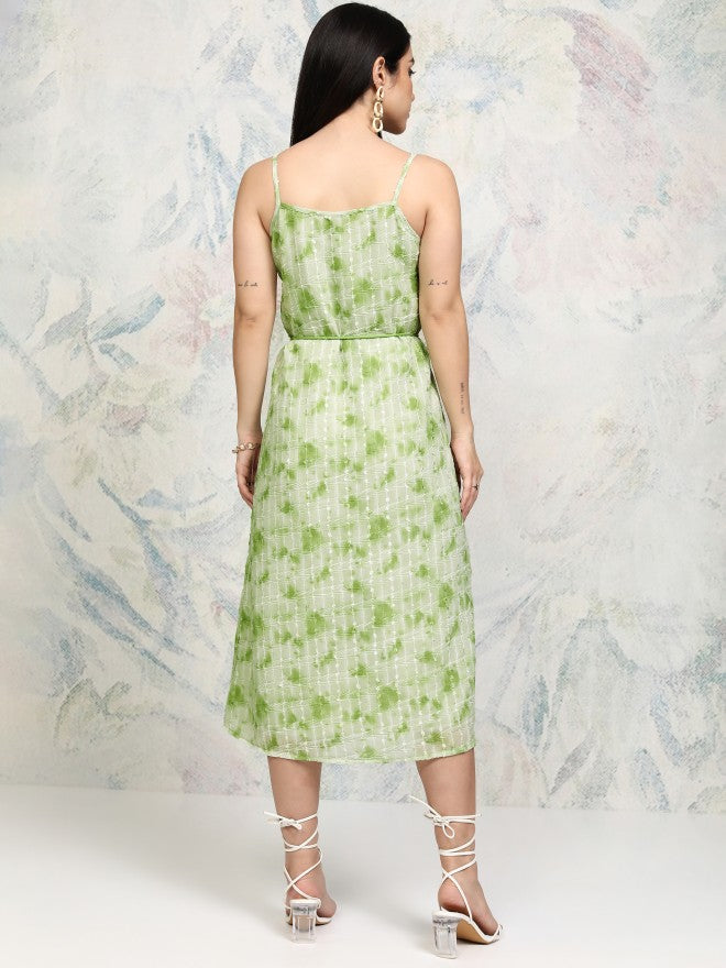 Tokyo Talkies Women Green Embroidered Fit and Flare Dress - Green - Image 3