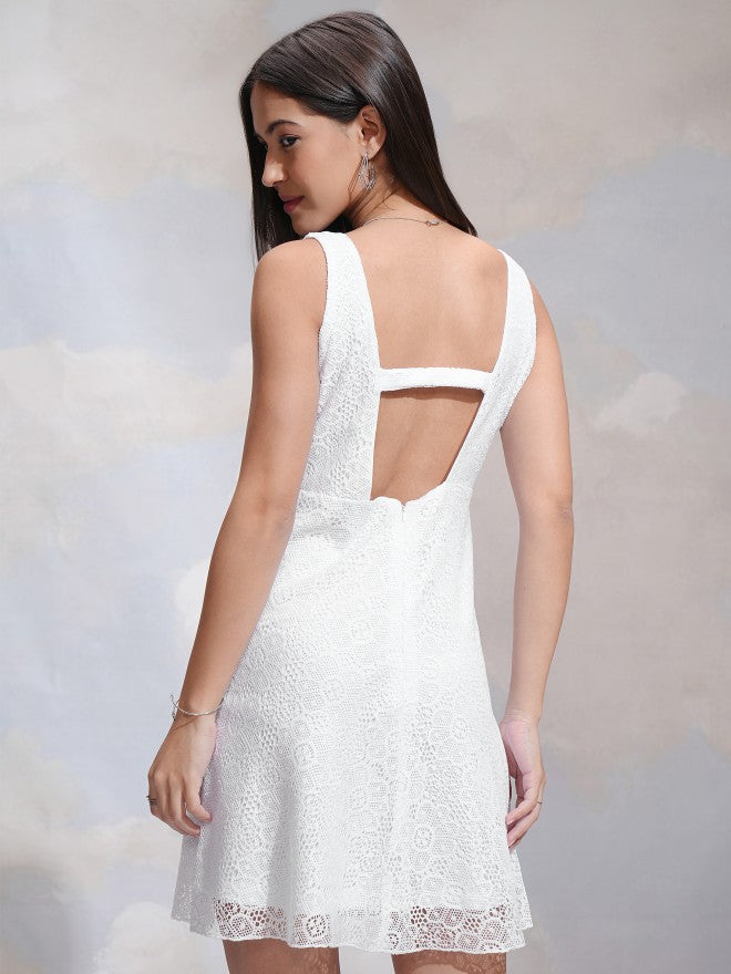 Tokyo Talkies Women White Self Design Fit and Flare Dress - White - Image 3
