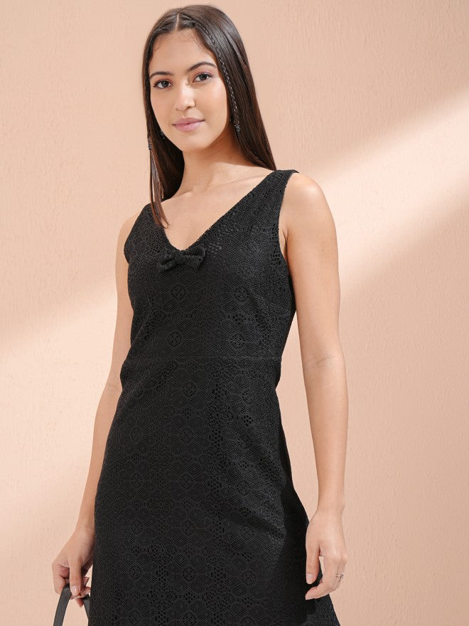 Tokyo Talkies Women Black Self Design Fit And Flare Dress - Black - Image 1