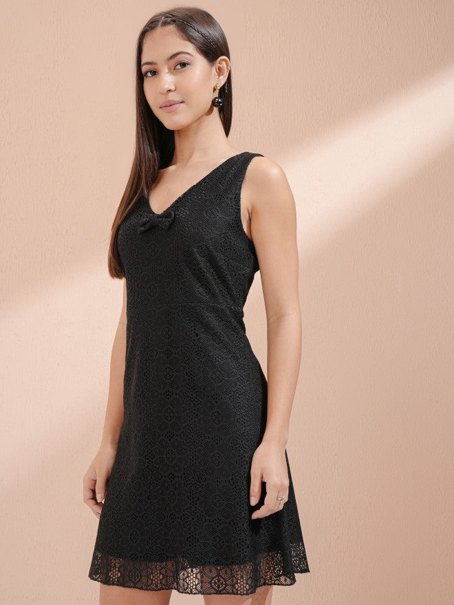 Tokyo Talkies Women Black Self Design Fit And Flare Dress - Black - Image 4