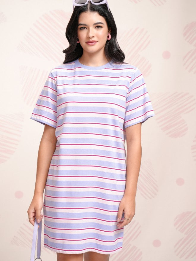 Tokyo Talkies Women Blue Striped T-shirt Dress - Blue - Image 1