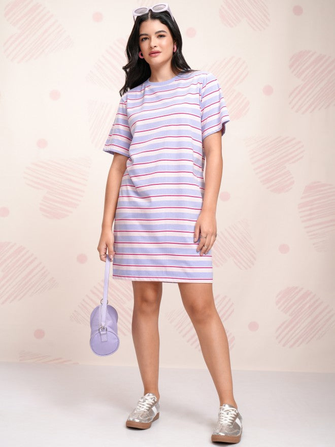 Tokyo Talkies Women Blue Striped T-shirt Dress - Blue - Image 2