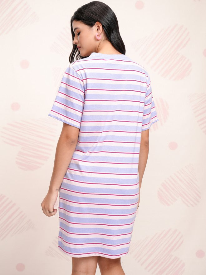 Tokyo Talkies Women Blue Striped T-shirt Dress - Blue - Image 3