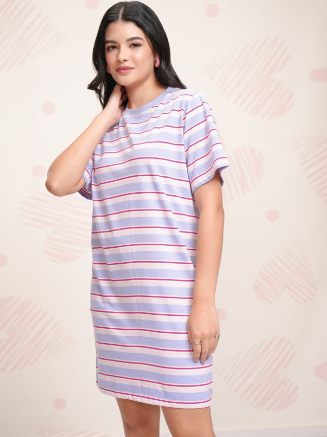 Tokyo Talkies Women Blue Striped T-shirt Dress - Blue - Image 4