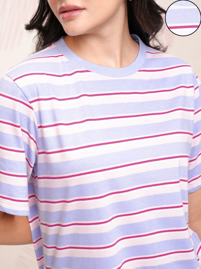 Tokyo Talkies Women Blue Striped T-shirt Dress - Blue - Image 5