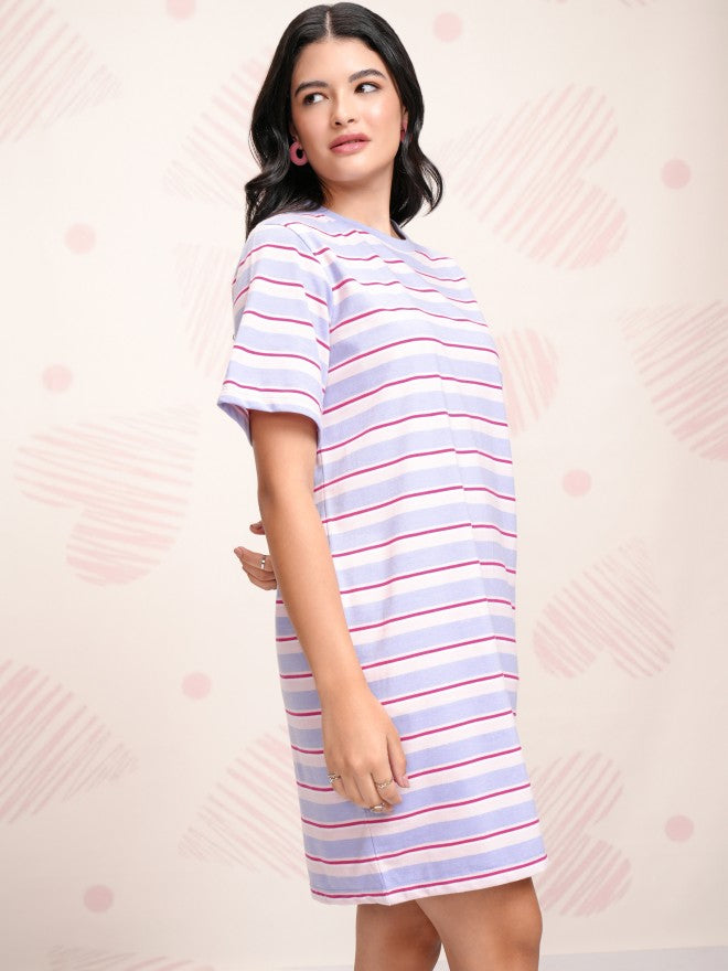 Tokyo Talkies Women Blue Striped T-shirt Dress - Blue - Image 6