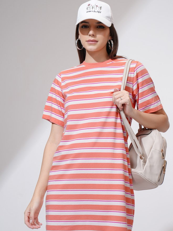 Tokyo Talkies Women Coral Striped T-Shirt Dress - Coral - Image 1