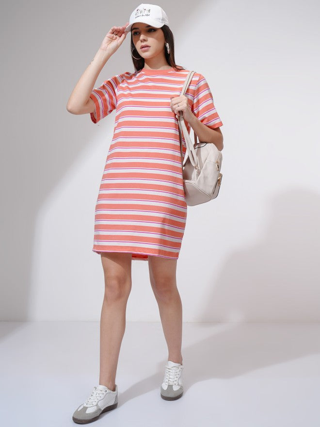 Tokyo Talkies Women Coral Striped T-Shirt Dress - Coral - Image 2