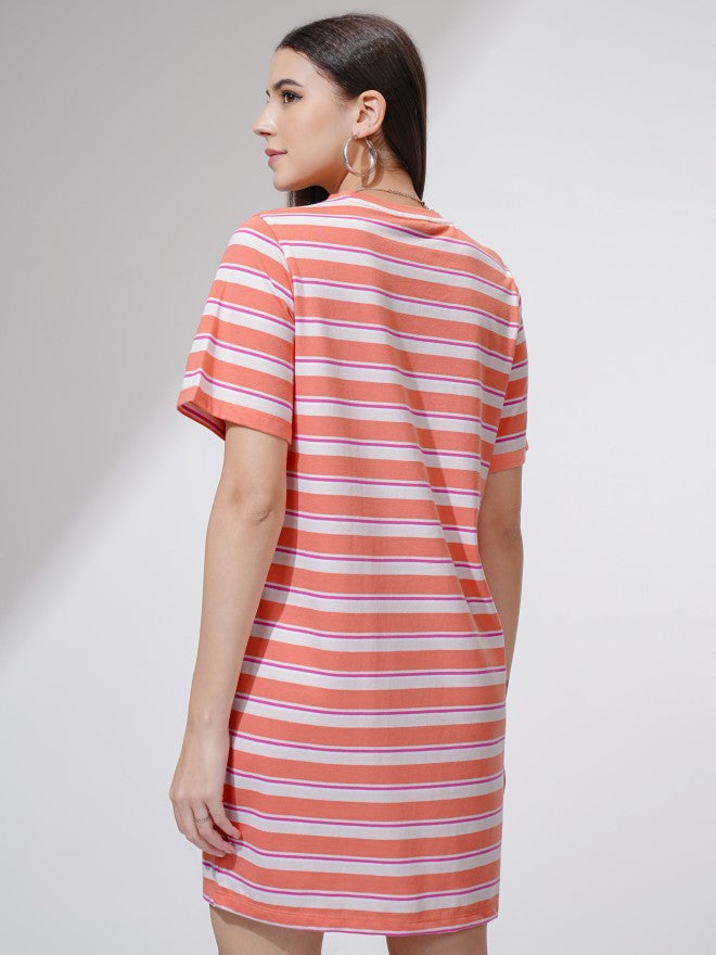 Tokyo Talkies Women Coral Striped T-Shirt Dress - Coral - Image 3