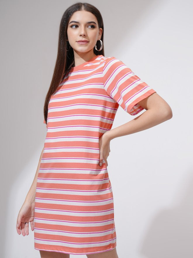 Tokyo Talkies Women Coral Striped T-Shirt Dress - Coral - Image 4
