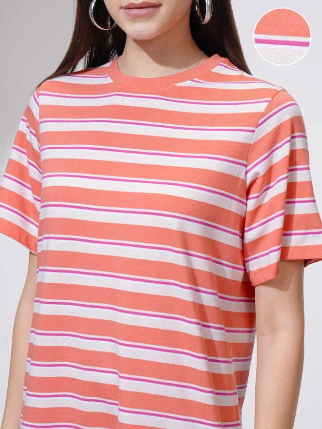 Tokyo Talkies Women Coral Striped T-Shirt Dress - Coral - Image 5