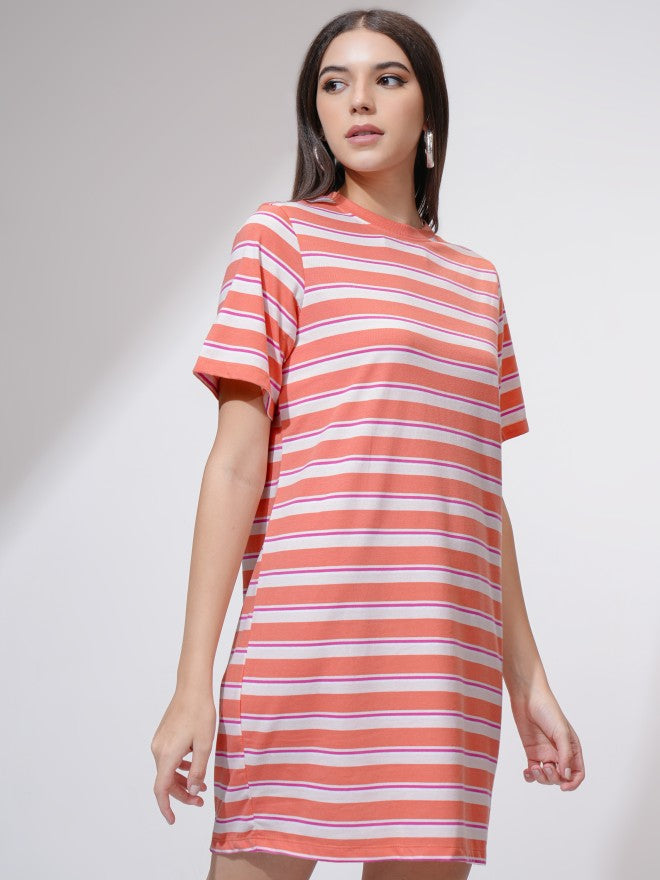 Tokyo Talkies Women Coral Striped T-Shirt Dress - Coral - Image 6