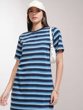 Tokyo Talkies Women Navy Blue Striped T-Shirt Dress - Navy Blue - Image 1