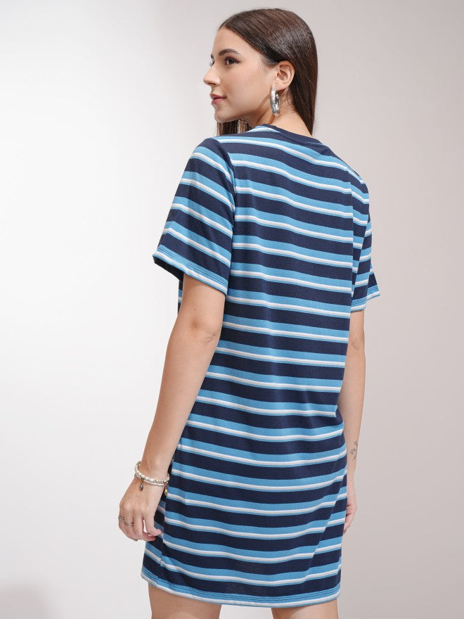 Tokyo Talkies Women Navy Blue Striped T-Shirt Dress - Navy Blue - Image 3