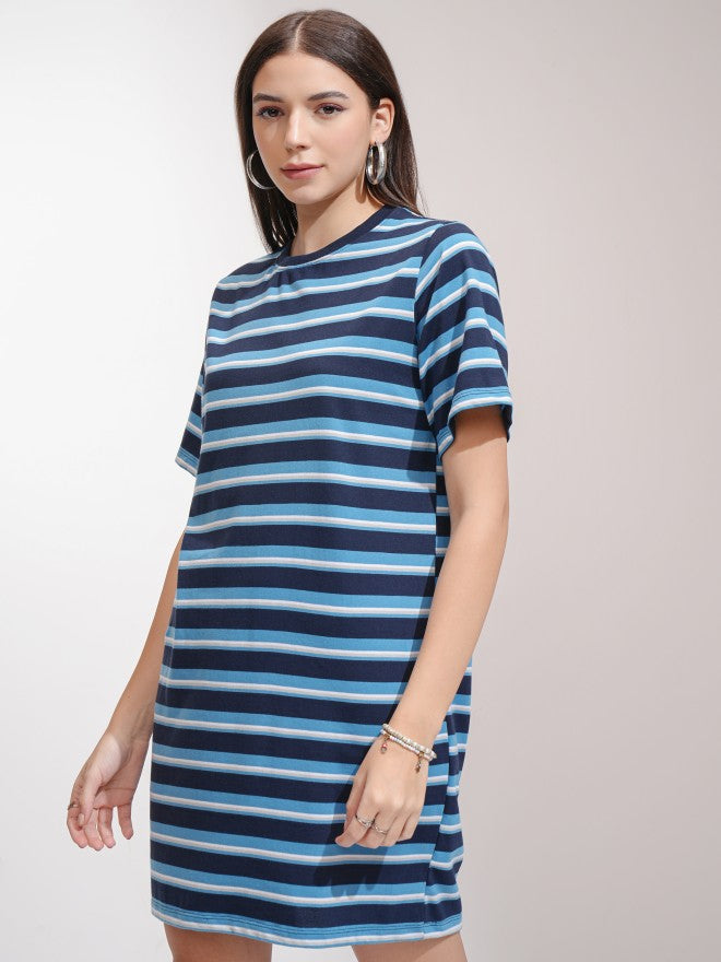 Tokyo Talkies Women Navy Blue Striped T-Shirt Dress - Navy Blue - Image 4