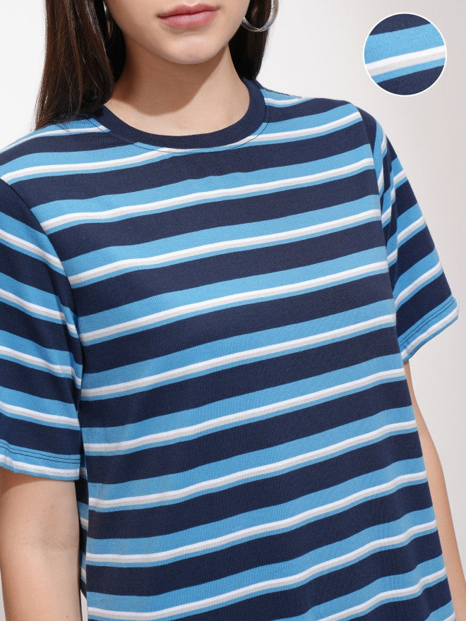 Tokyo Talkies Women Navy Blue Striped T-Shirt Dress - Navy Blue - Image 5