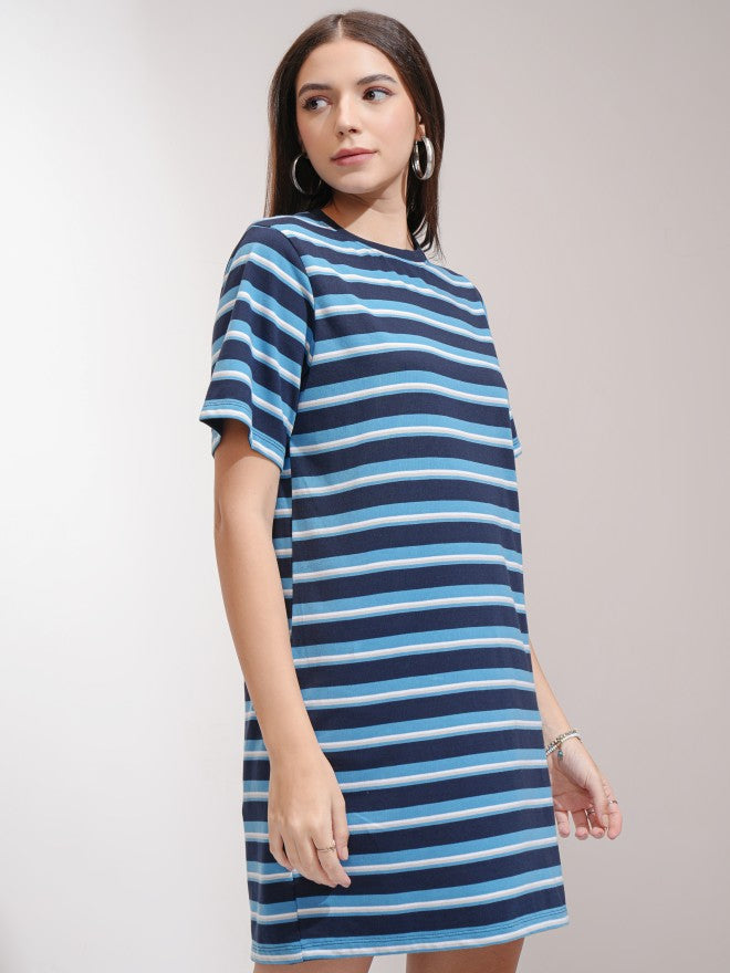 Tokyo Talkies Women Navy Blue Striped T-Shirt Dress - Navy Blue - Image 6