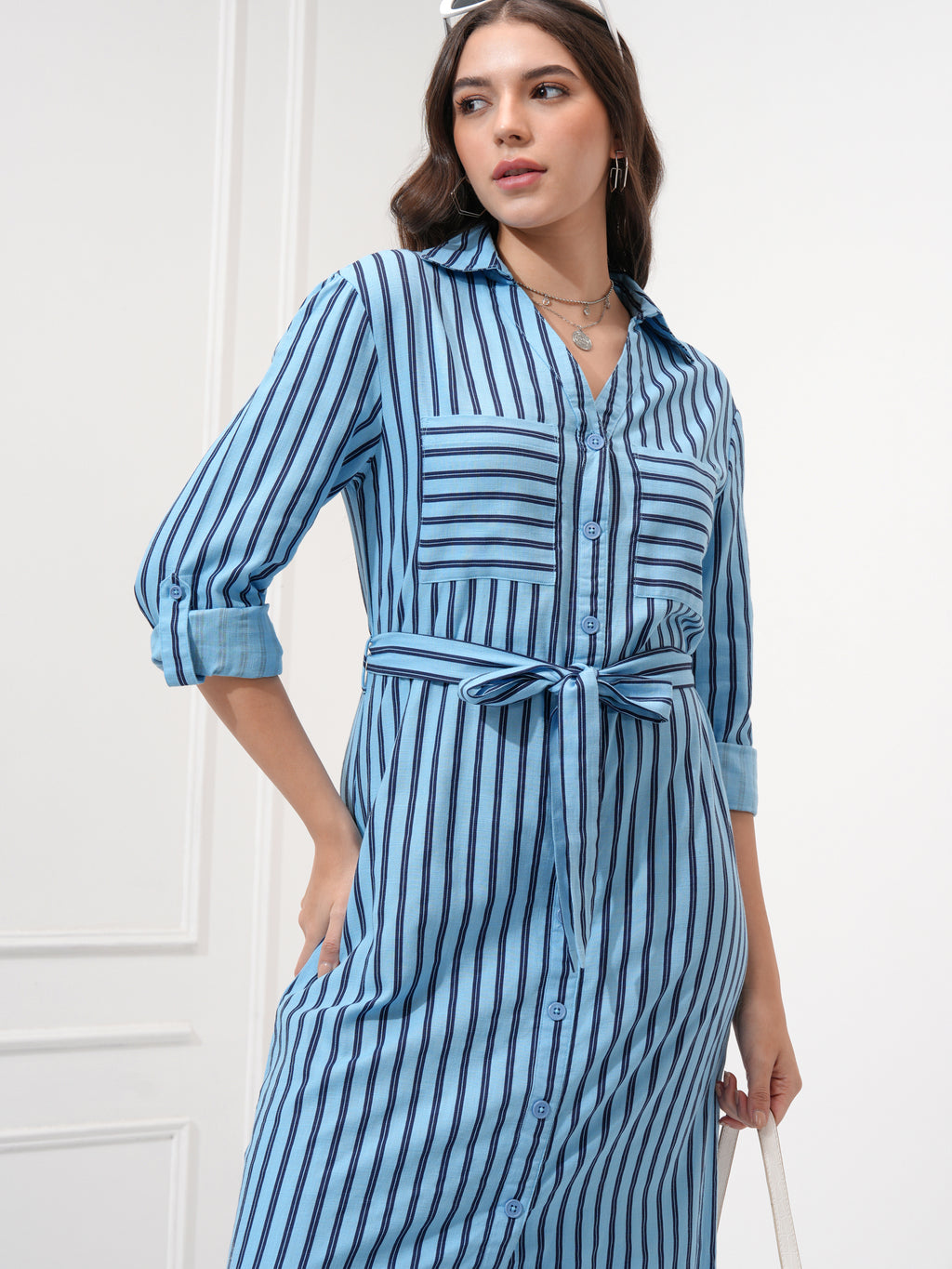 Tokyo Talkies Women Blue Striped Shirt Dress - Blue - Image 1