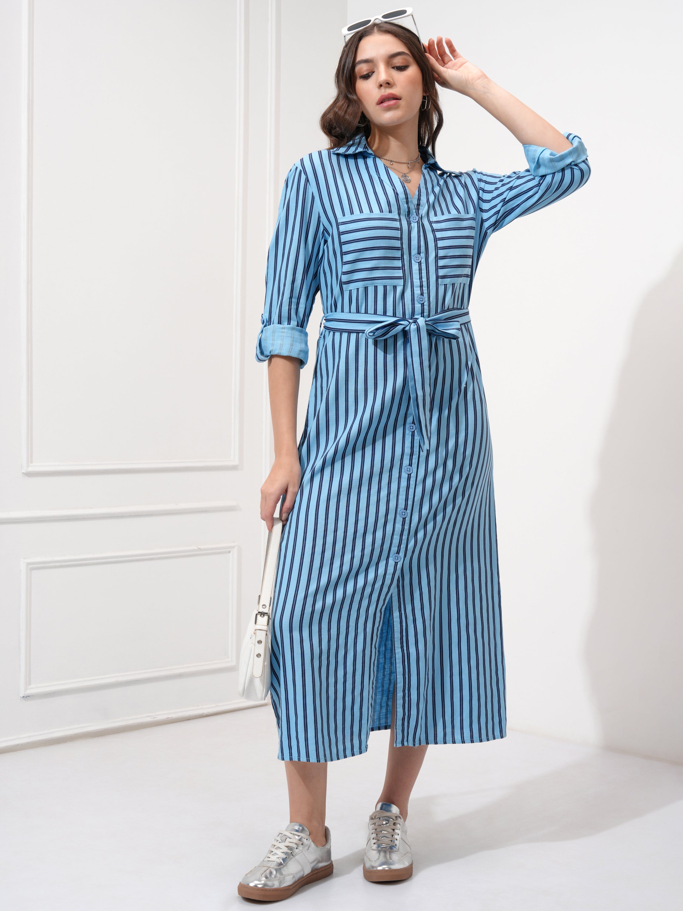Tokyo Talkies Women Blue Striped Shirt Dress - Blue - Image 2