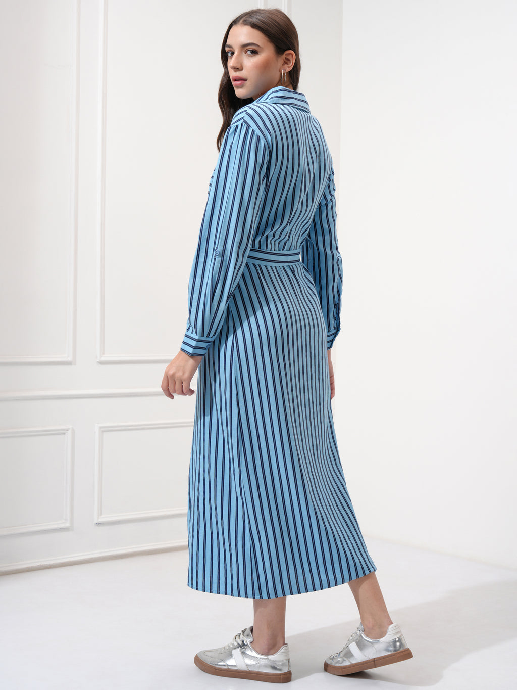 Tokyo Talkies Women Blue Striped Shirt Dress - Blue - Image 3