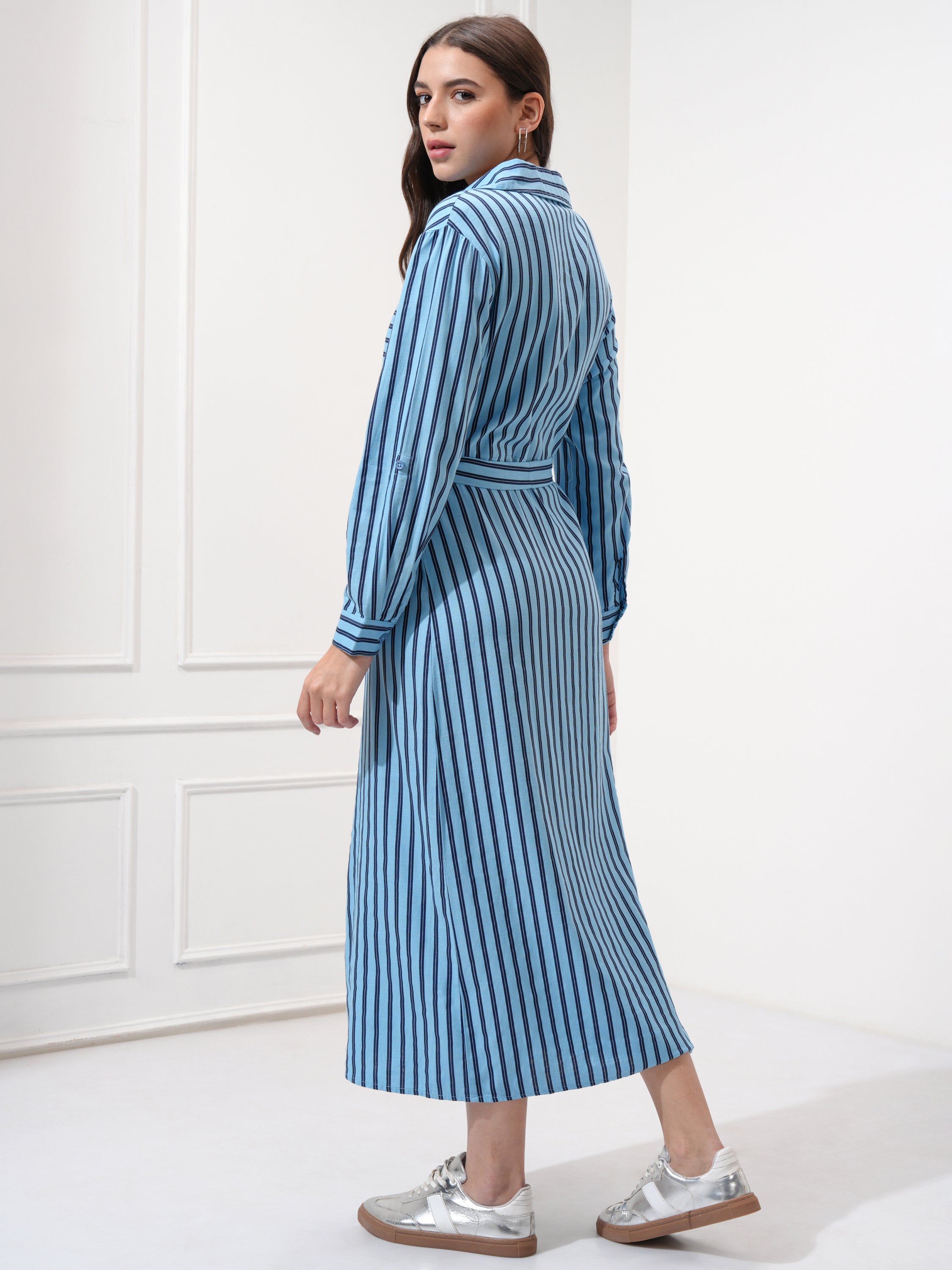 Tokyo Talkies Women Blue Striped Shirt Dress - Blue - Image 3