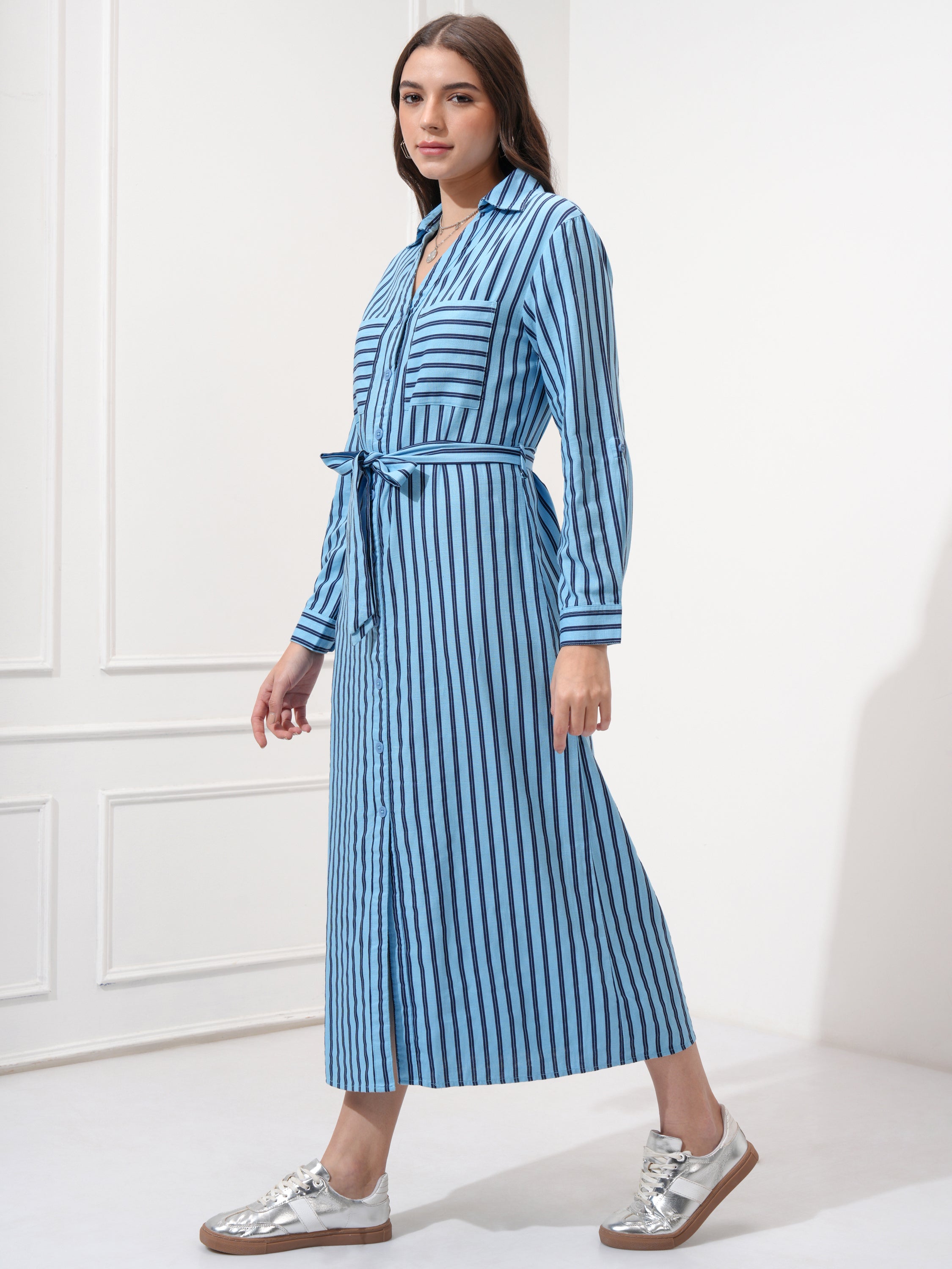 Tokyo Talkies Women Blue Striped Shirt Dress - Blue - Image 4