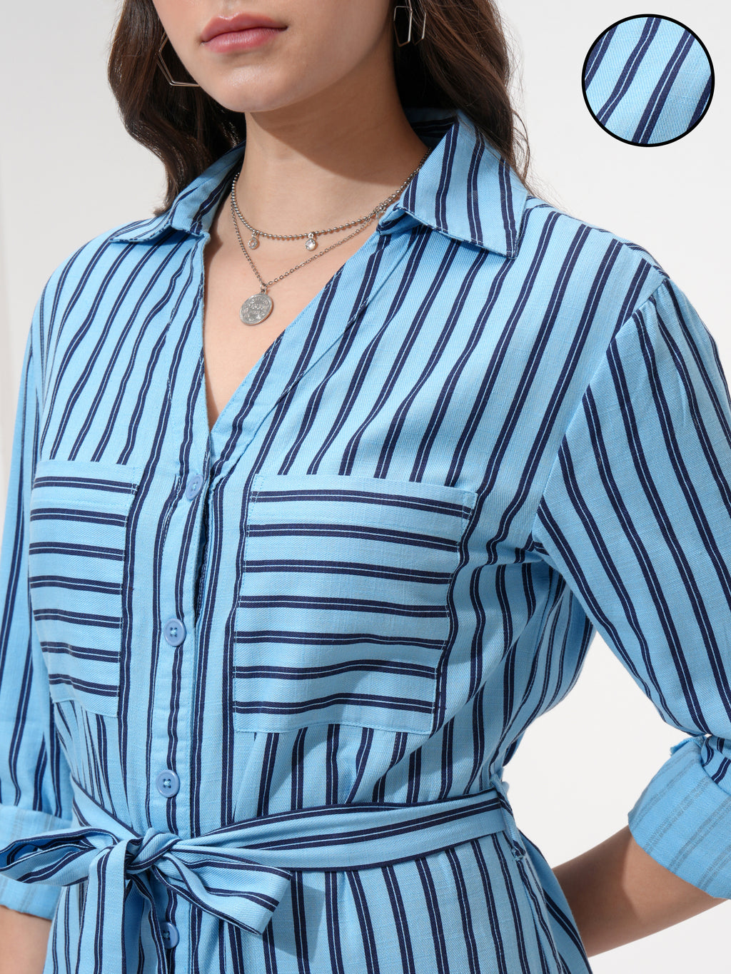 Tokyo Talkies Women Blue Striped Shirt Dress - Blue - Image 5