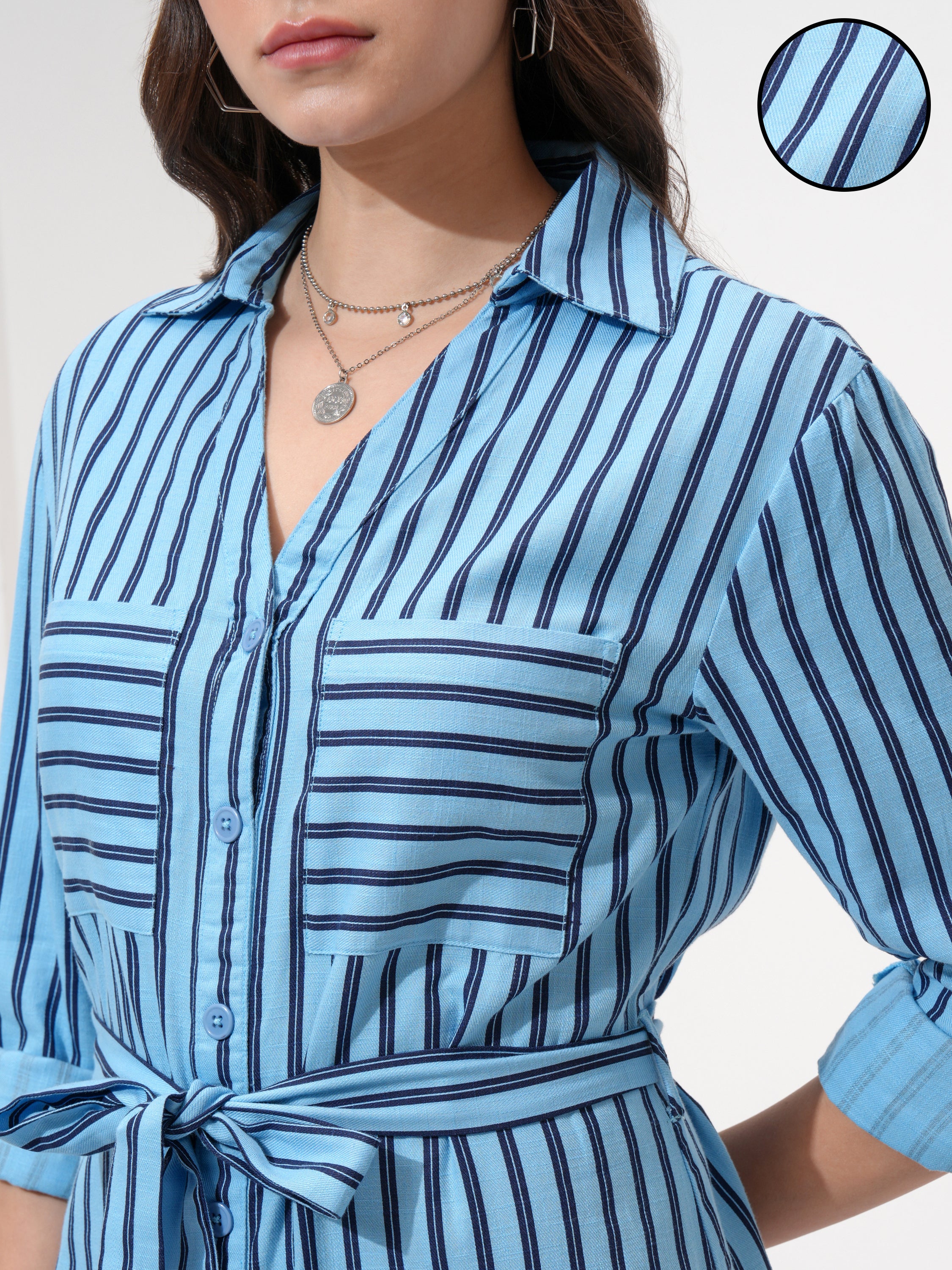 Tokyo Talkies Women Blue Striped Shirt Dress - Blue - Image 5
