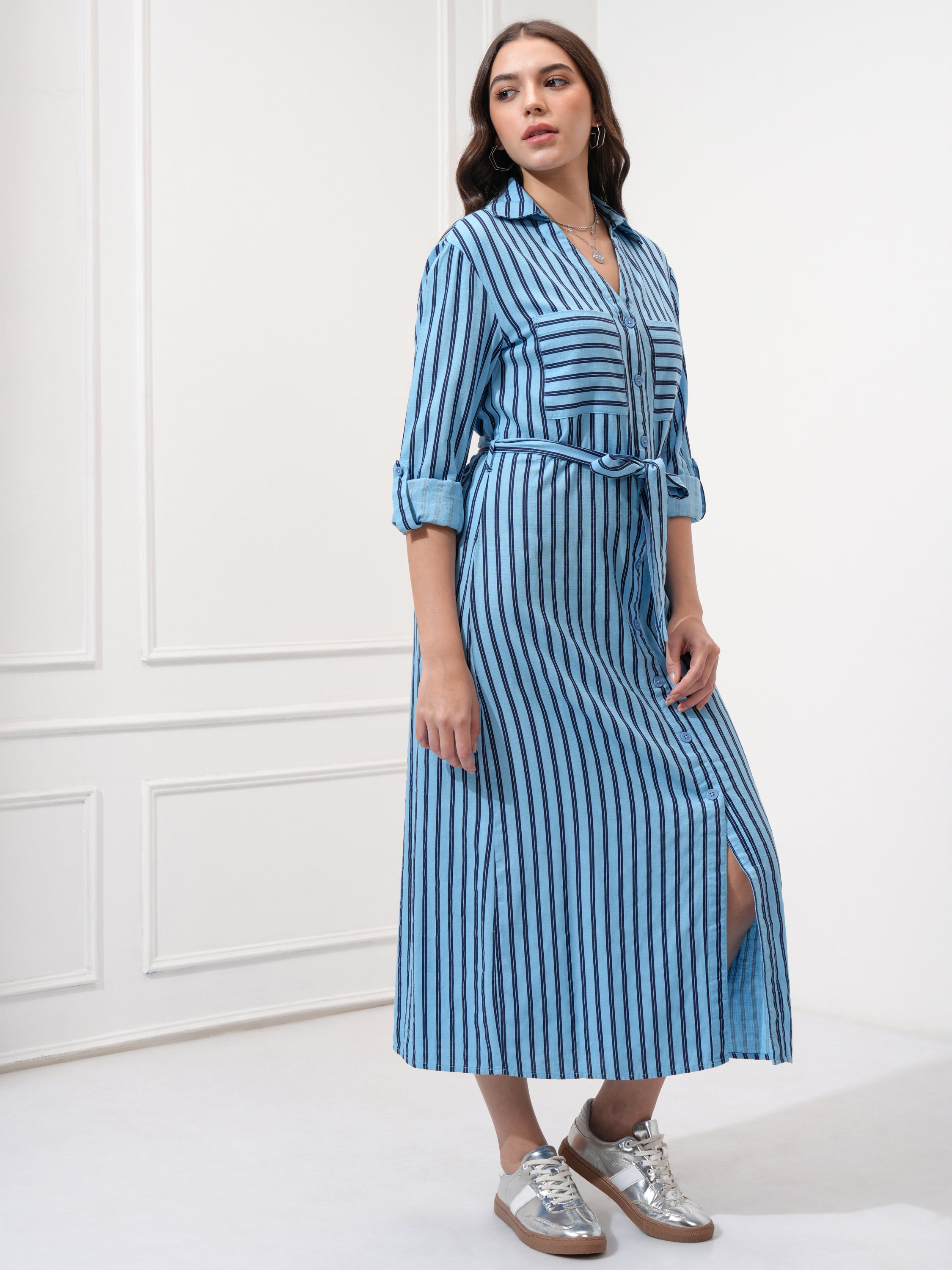Tokyo Talkies Women Blue Striped Shirt Dress - Blue - Image 6