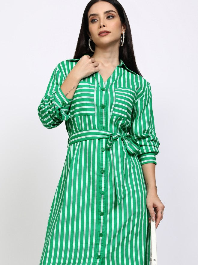 Tokyo Talkies Women Green Striped Shirt Dress - Green - Image 1