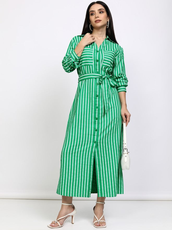 Tokyo Talkies Women Green Striped Shirt Dress - Green - Image 2