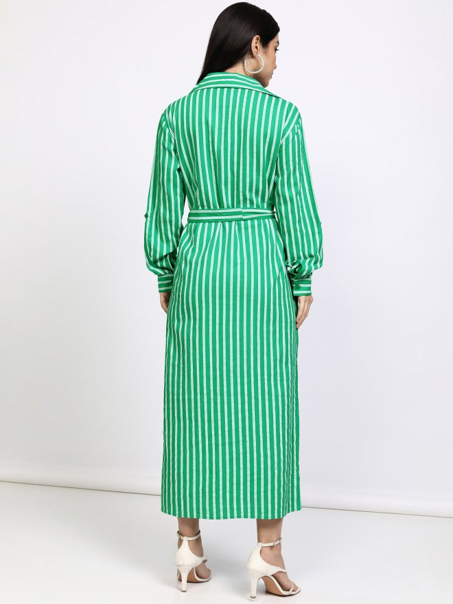 Tokyo Talkies Women Green Striped Shirt Dress - Green - Image 3