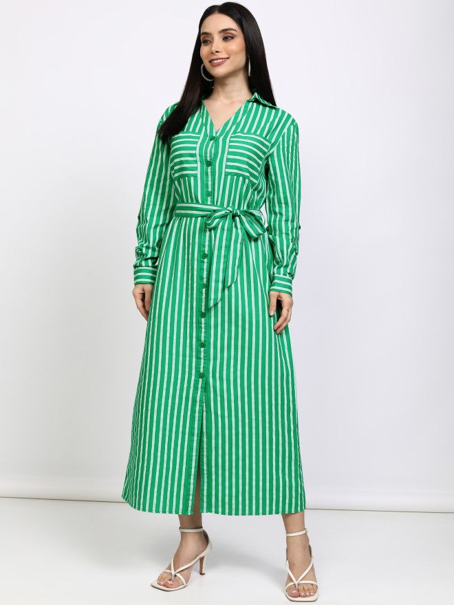Tokyo Talkies Women Green Striped Shirt Dress - Green - Image 4