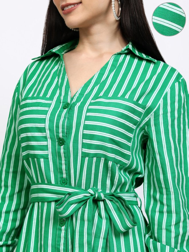 Tokyo Talkies Women Green Striped Shirt Dress - Green - Image 5
