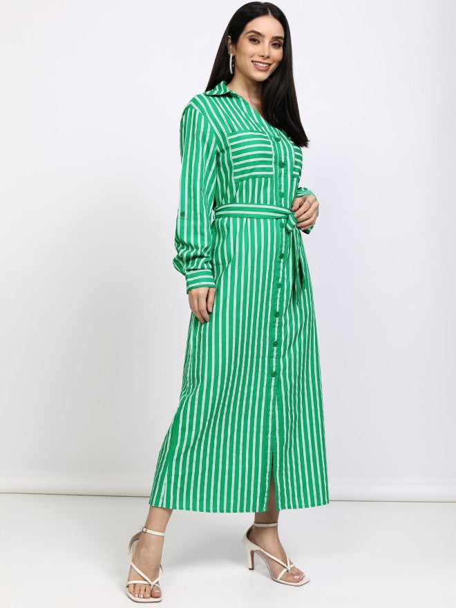 Tokyo Talkies Women Green Striped Shirt Dress - Green - Image 6