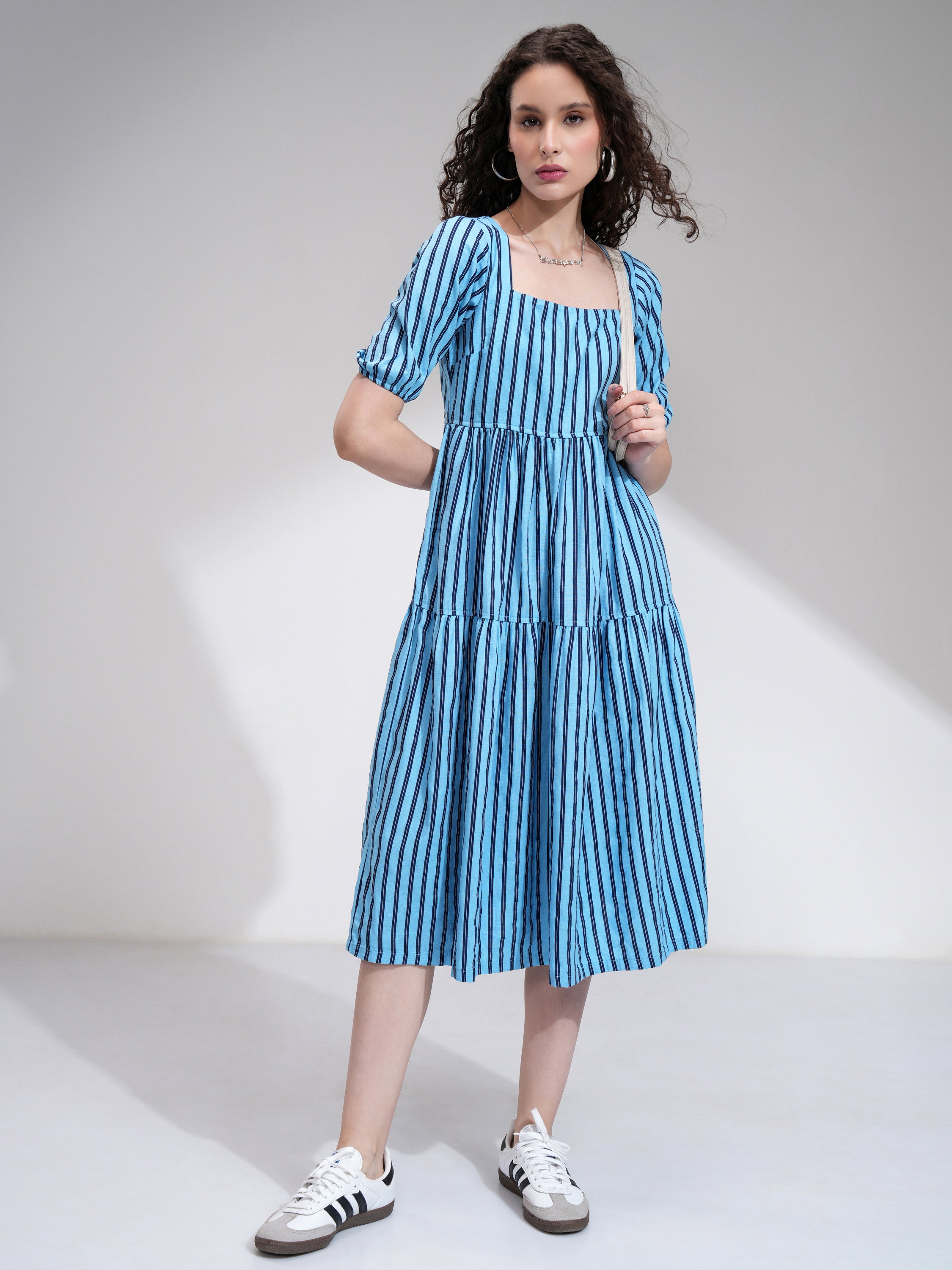 Tokyo Talkies Women Blue Striped Fit and Flare Dress - Blue - Image 2