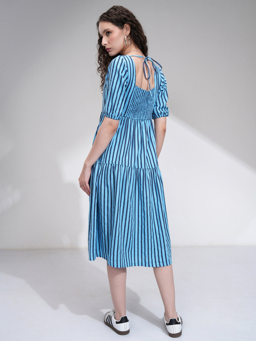 Tokyo Talkies Women Blue Striped Fit and Flare Dress - Blue - Image 3