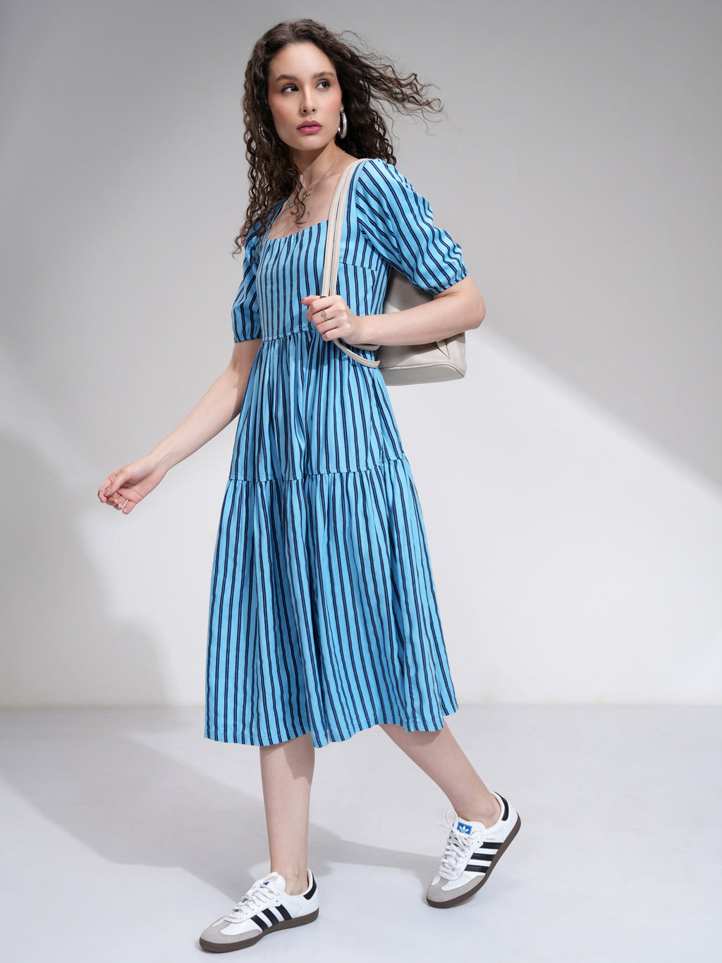 Tokyo Talkies Women Blue Striped Fit and Flare Dress - Blue - Image 4