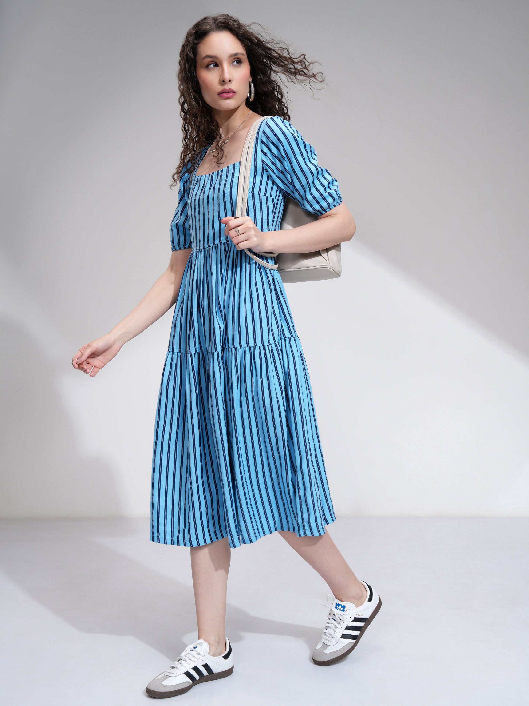 Tokyo Talkies Women Blue Striped Fit and Flare Dress - Blue - Image 4
