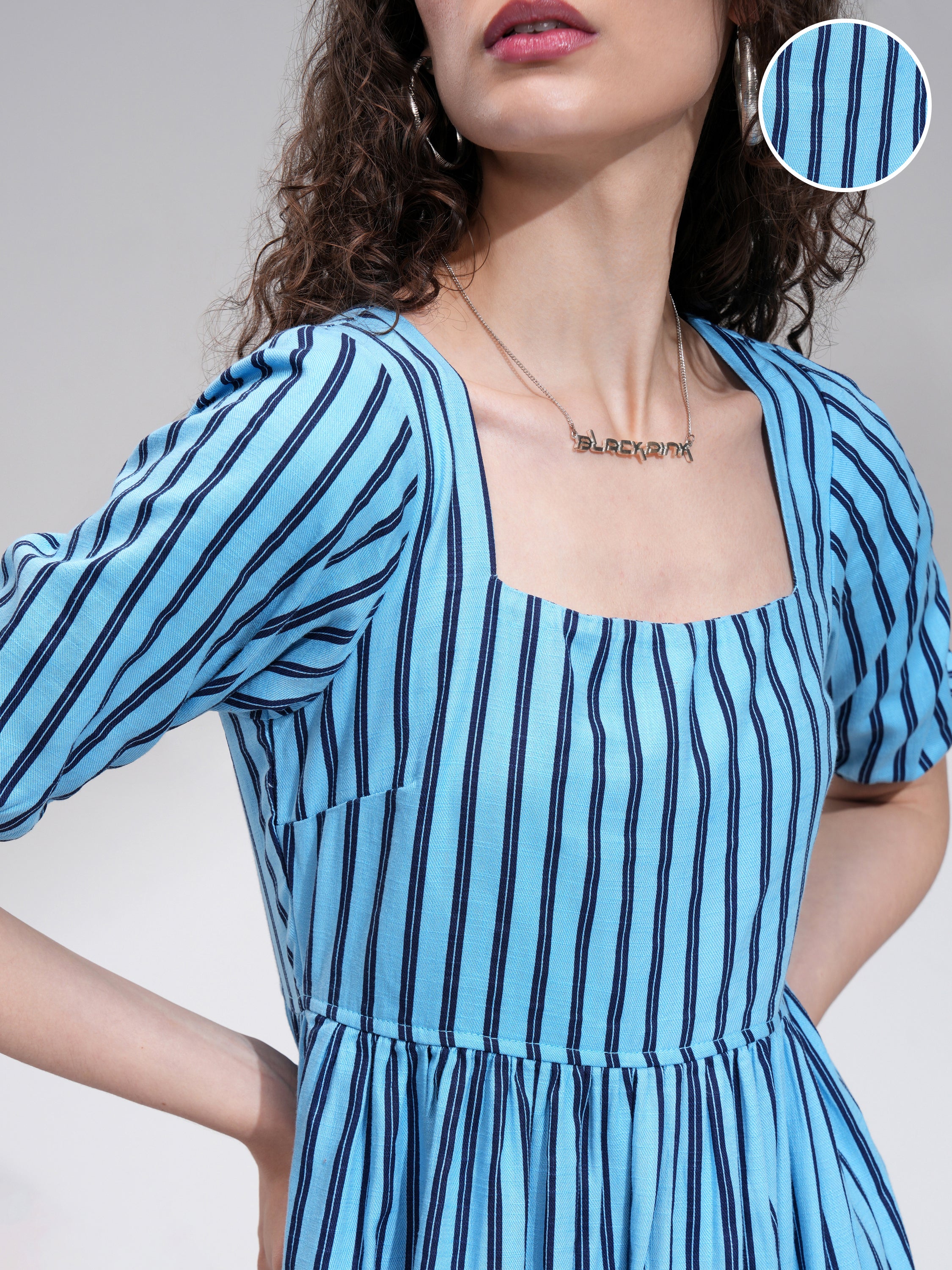 Tokyo Talkies Women Blue Striped Fit and Flare Dress - Blue - Image 5