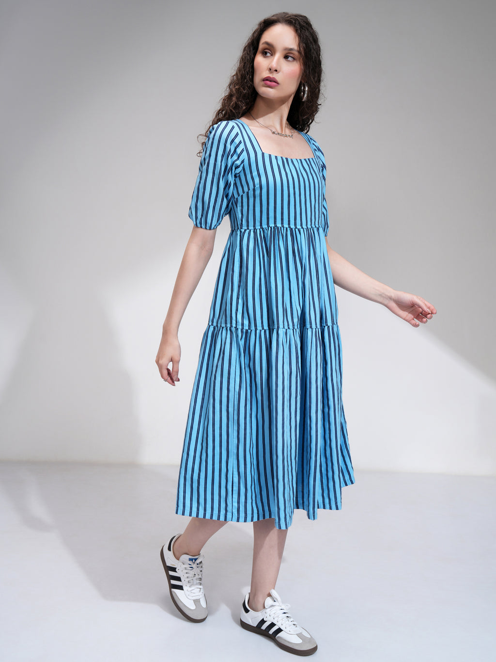 Tokyo Talkies Women Blue Striped Fit and Flare Dress - Blue - Image 6