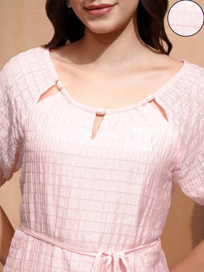 Tokyo Talkies Women Pink Self Design A-Line Dress - Pink - Image 4