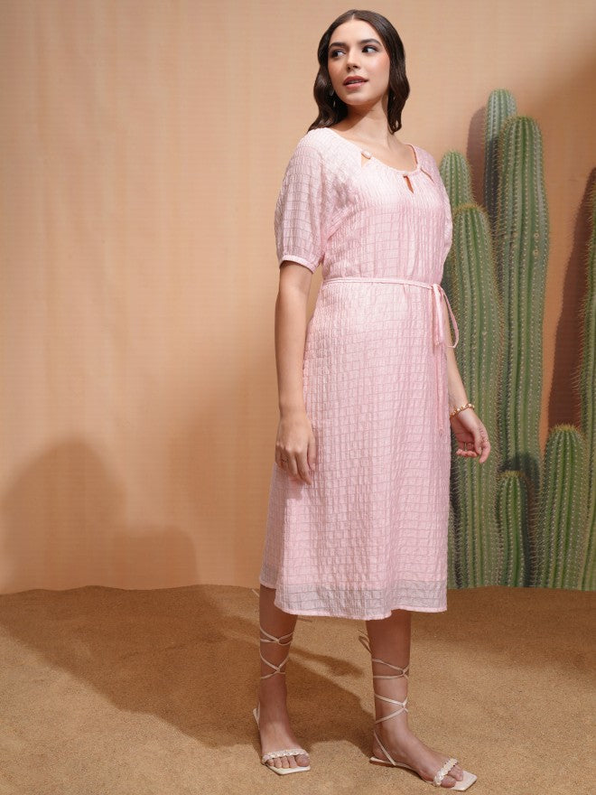 Tokyo Talkies Women Pink Self Design A-Line Dress - Pink - Image 5
