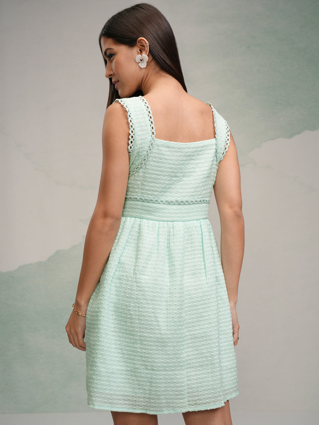 Tokyo Talkies Women Green Self Design Fit and Flare Dress - Green - Image 3