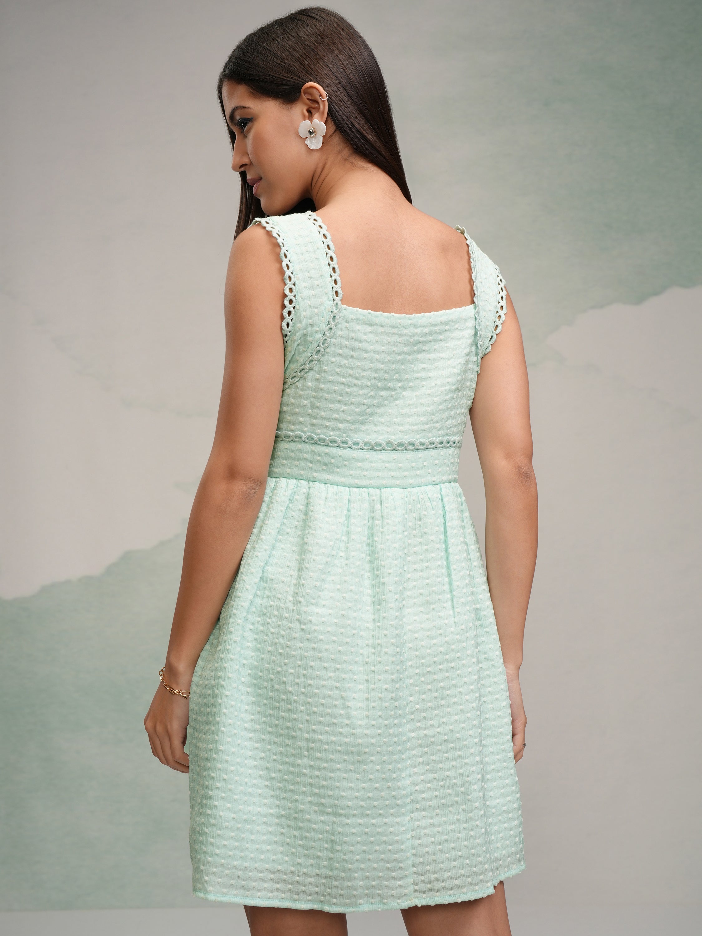 Tokyo Talkies Women Green Self Design Fit and Flare Dress - Green - Image 3