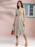 Tokyo Talkies Women Blue Printed Fit and Flare Dress - Blue - Image 1