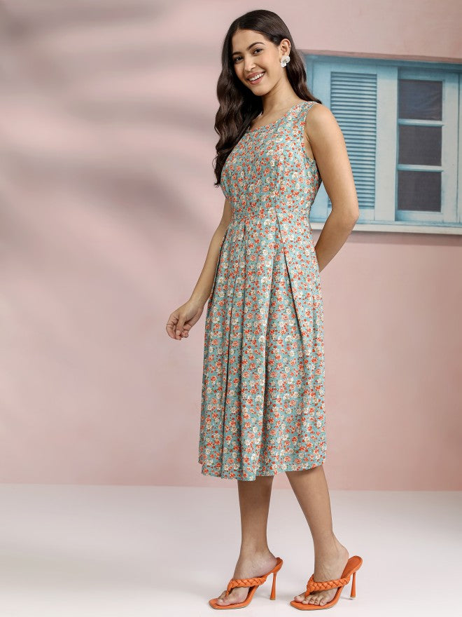 Tokyo Talkies Women Blue Printed Fit and Flare Dress - Blue - Image 2